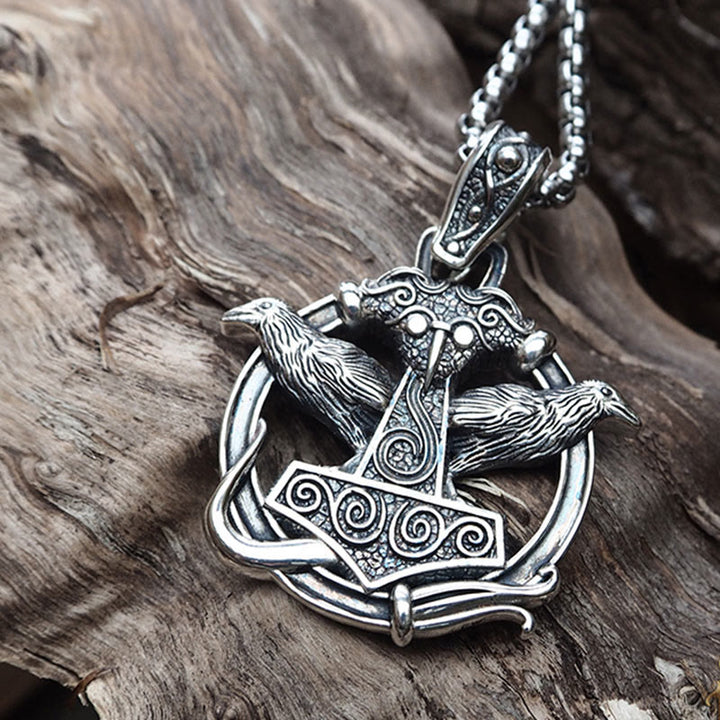 WorldNorse 925 Sterling Silber Mjölnir Huginn and Muninn Halskette