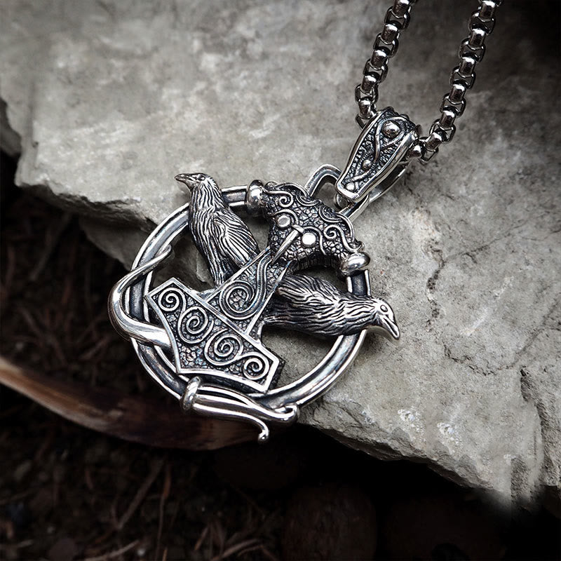 WorldNorse 925 Sterling Silber Mjölnir Huginn and Muninn Halskette