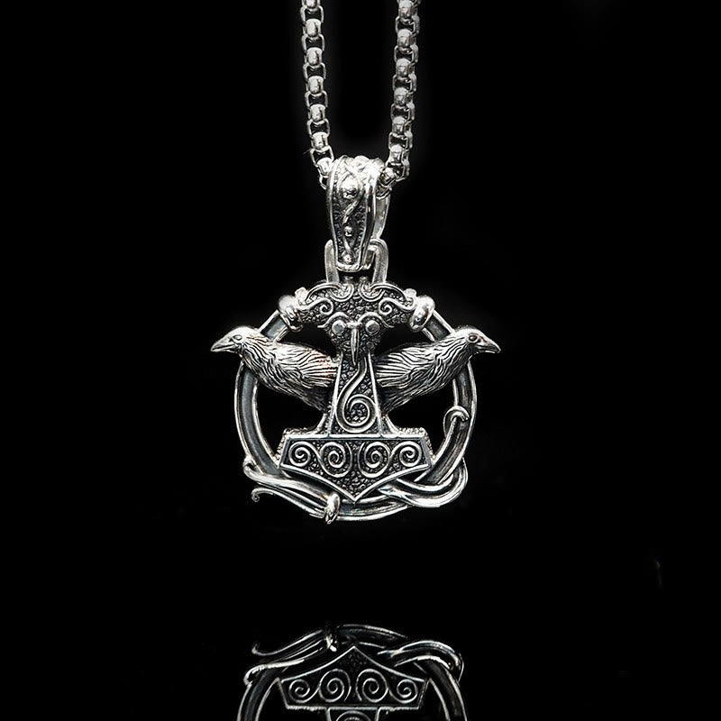 WorldNorse handgefertigtes 925er Silber Mjölnir Huginn and Muninn Halskette - Raven - image 0