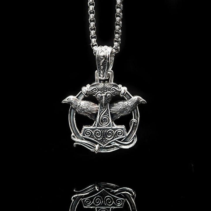 WorldNorse handgefertigtes 925er Silber Mjölnir Huginn and Muninn Halskette - Raven - image 0