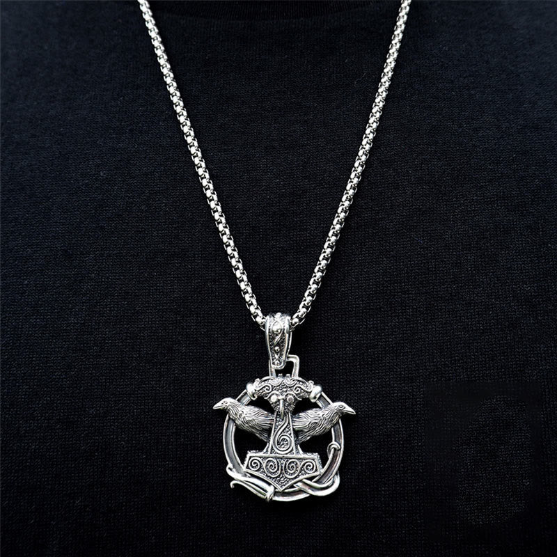 WorldNorse 925 Sterling Silber Mjölnir Huginn and Muninn Halskette