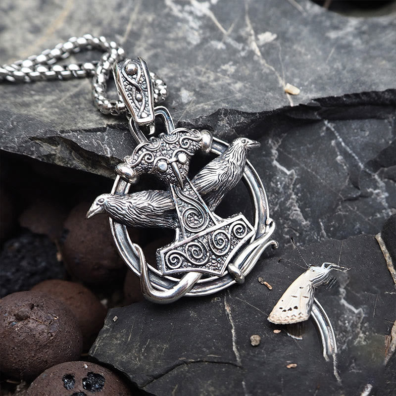 WorldNorse 925 Sterling Silber Mjölnir Huginn and Muninn Halskette