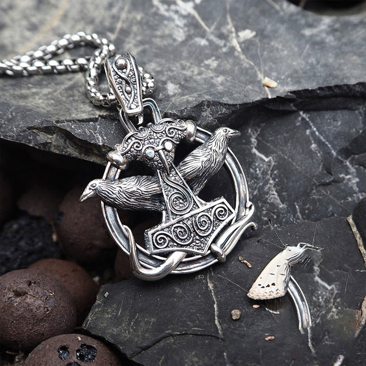 WorldNorse 925 Sterling Silber Mjölnir Huginn and Muninn Halskette
