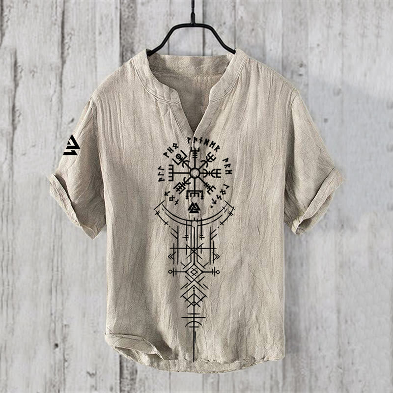 WorldNorse Valknut Vegvisir Rune Leinen Freizeithemd - US/UK/AU50, EU60 (5XL) - image 0