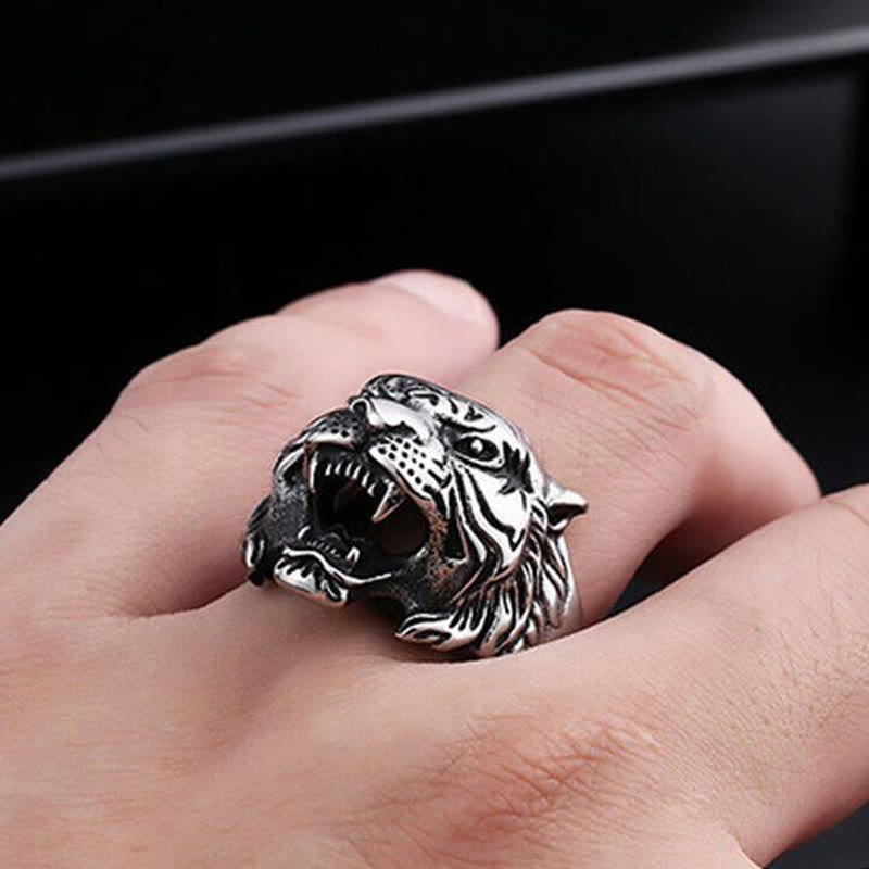 WorldNorse Retro Tigerkopf verstellbarer Ring