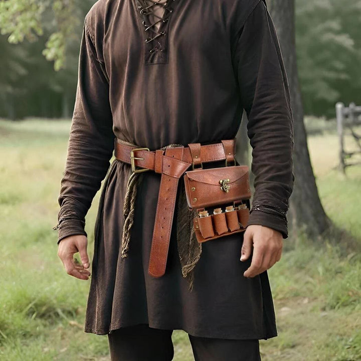 WorldNorse Mittelalterliche Gürteltasche mit 4 Korkflaschen und Zaubertrank