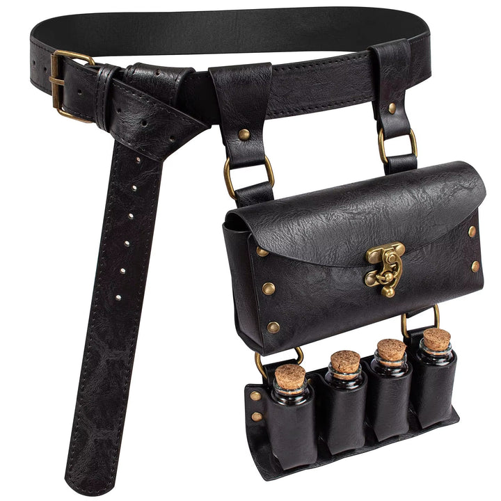 WorldNorse Mittelalterliche Gürteltasche mit 4 Korkflaschen und Zaubertrank