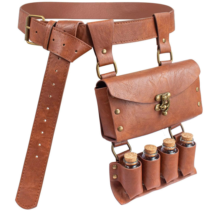 WorldNorse Mittelalterliche Gürteltasche mit 4 Korkflaschen und Zaubertrank