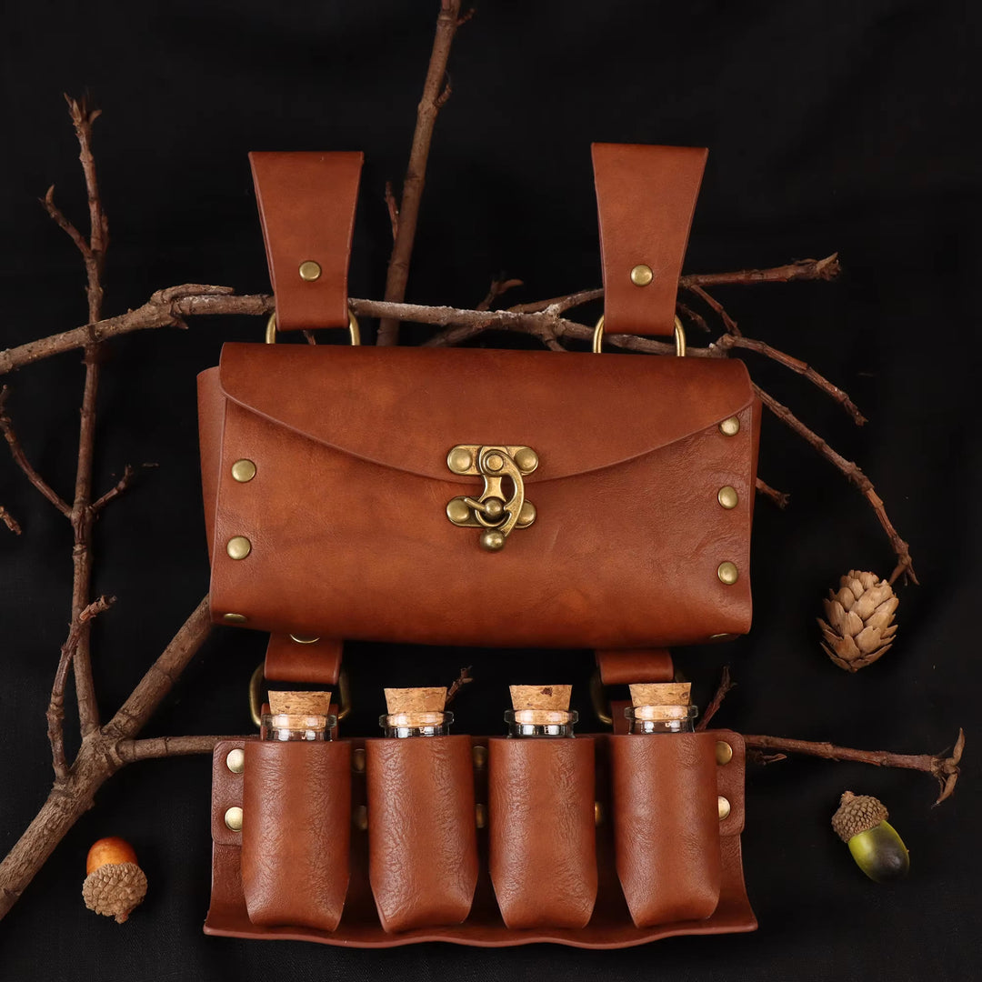 WorldNorse Mittelalterliche Gürteltasche mit 4 Korkflaschen und Zaubertrank