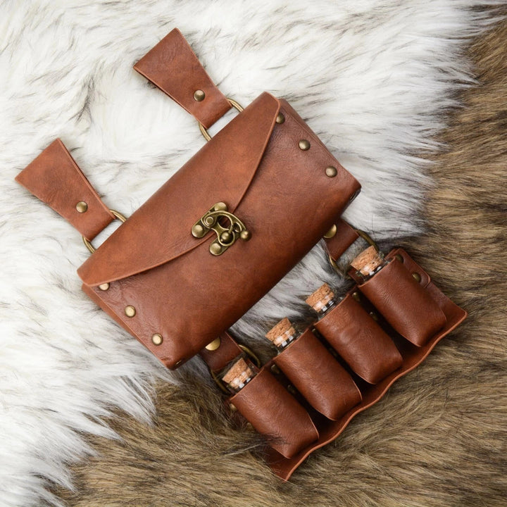 WorldNorse Mittelalterliche Gürteltasche mit 4 Korkflaschen und Zaubertrank