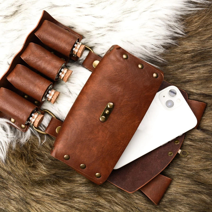 WorldNorse Mittelalterliche Gürteltasche mit 4 Korkflaschen und Zaubertrank