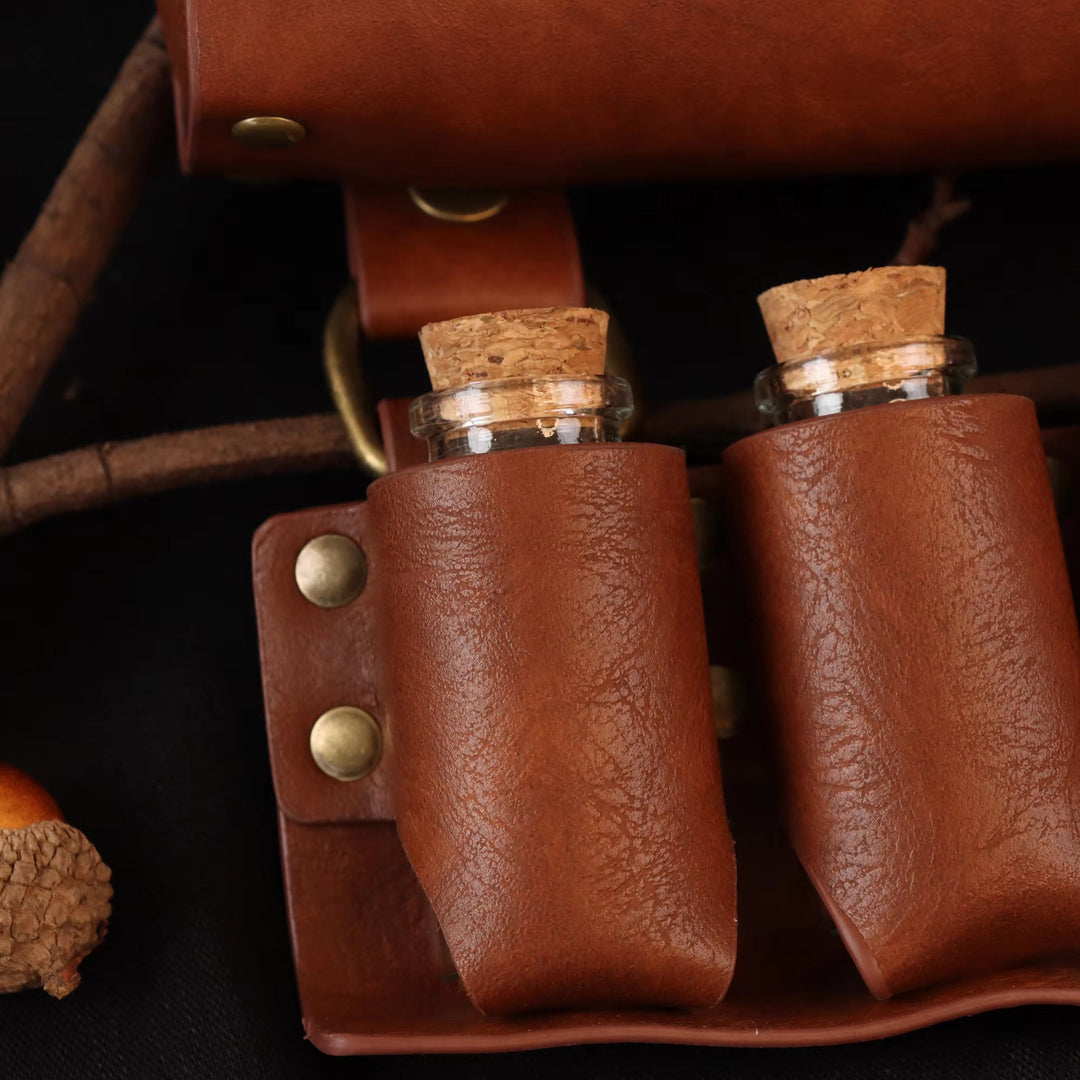 WorldNorse Mittelalterliche Gürteltasche mit 4 Korkflaschen und Zaubertrank