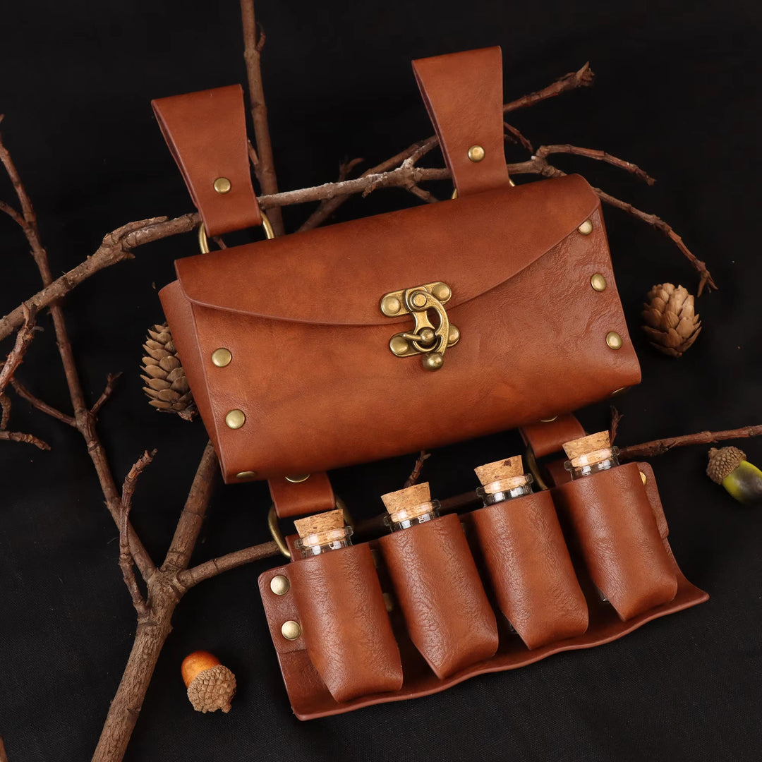 WorldNorse Mittelalterliche Gürteltasche mit 4 Korkflaschen und Zaubertrank