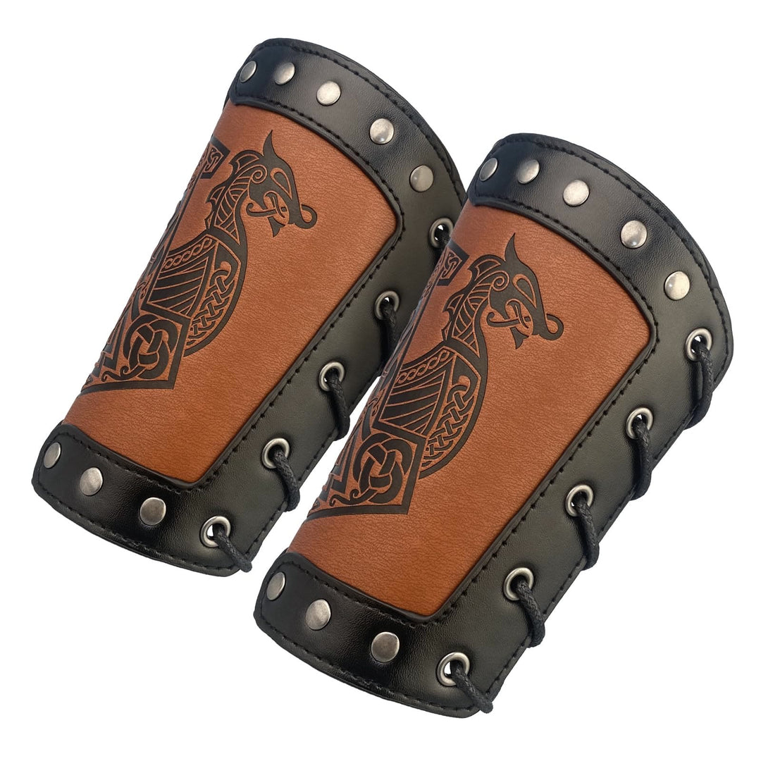 WorldNorse Mittelalterliche Armschienen aus Leder Mjölnir Valknut