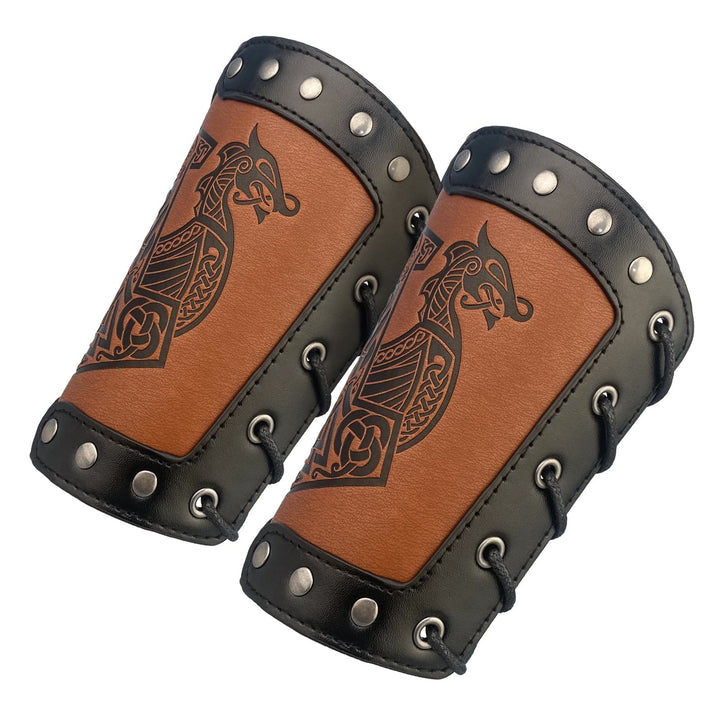 WorldNorse Mittelalterliche Armschienen aus Leder Mjölnir Valknut