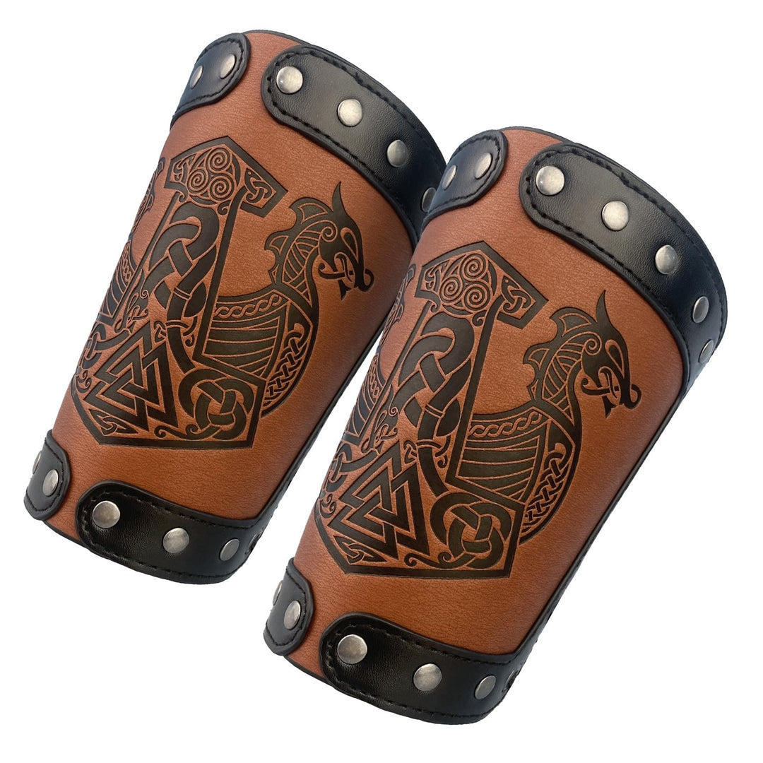 WorldNorse Mittelalterliche Armschienen aus Leder Mjölnir Valknut