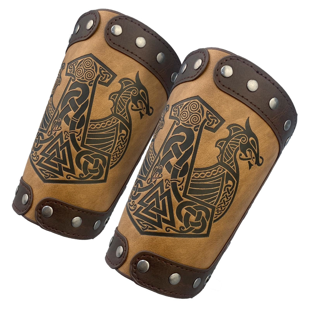 WorldNorse Mittelalterliche Armschienen aus Leder Mjölnir Valknut