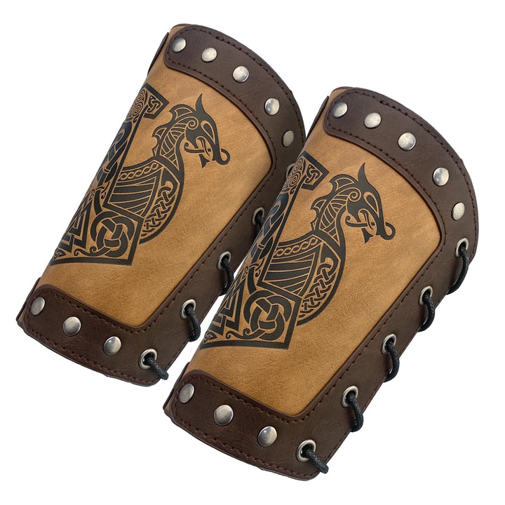 WorldNorse Mittelalterliche Armschienen aus Leder Mjölnir Valknut