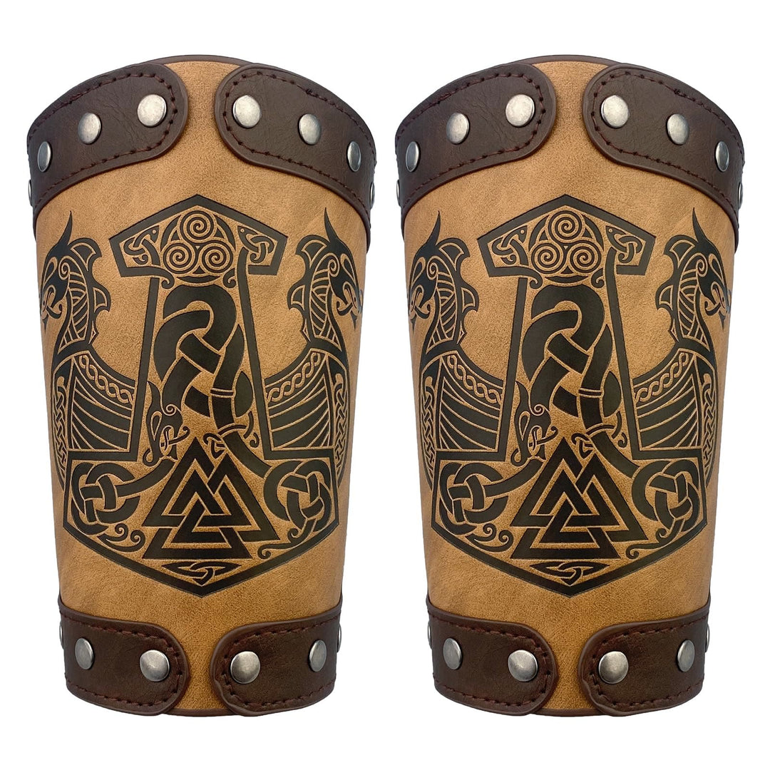 WorldNorse Mittelalterliche Armschienen aus Leder Mjölnir Valknut