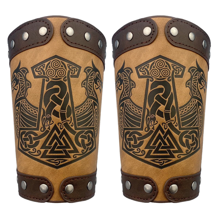 WorldNorse Mittelalterliche Armschienen aus Leder Mjölnir Valknut
