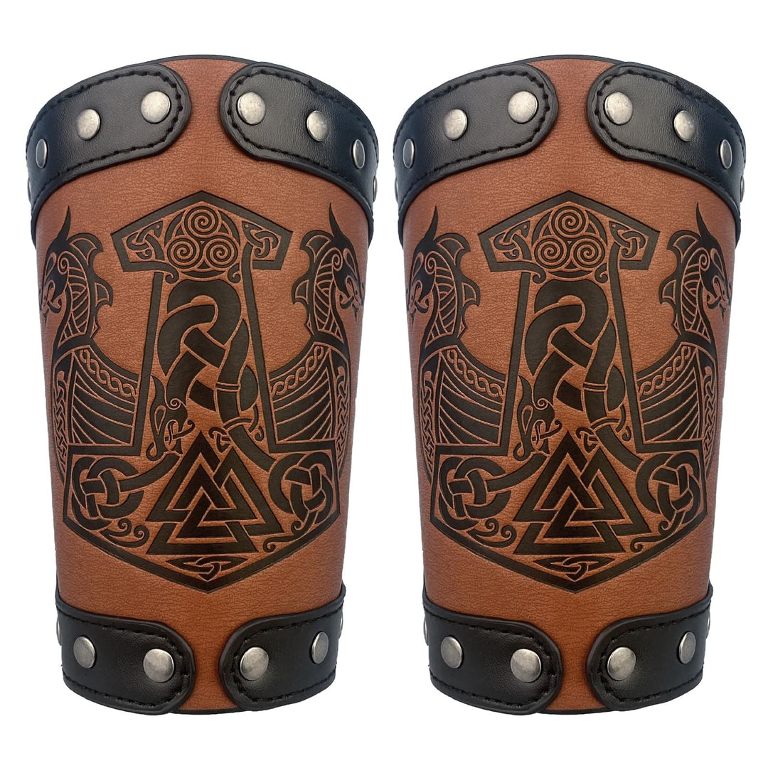 WorldNorse Mittelalterliche Armschienen aus Leder Mjölnir Valknut