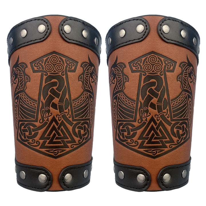 WorldNorse Mittelalterliche Armschienen aus Leder Mjölnir Valknut