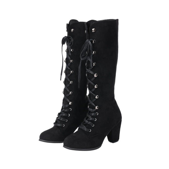 WorldNorse Damen-Stiefel mit klobigem Absatz und Schnürung, wadenlang - Schwarz - 43 - image 1