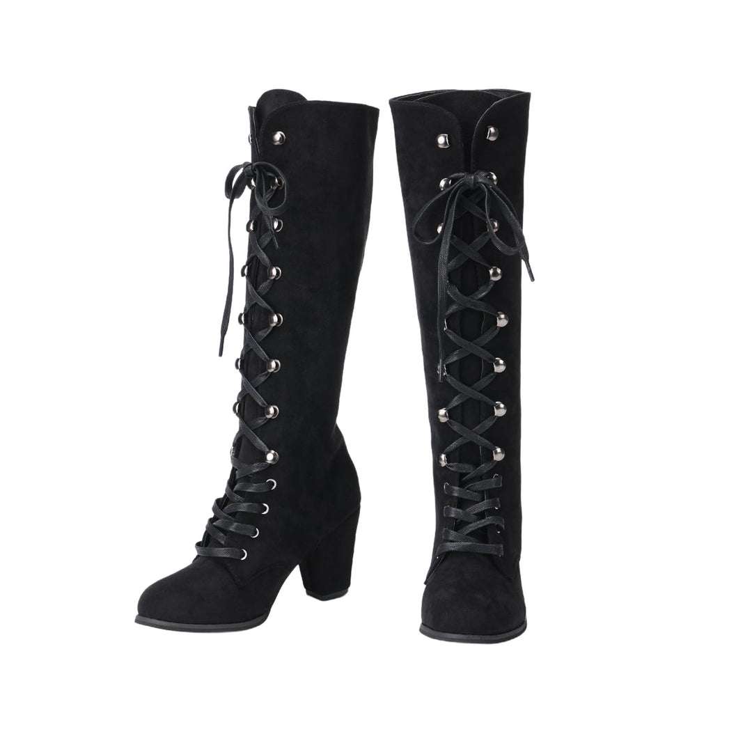 WorldNorse Damen-Stiefel mit klobigem Absatz und Schnürung, wadenlang - image 2
