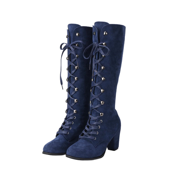 WorldNorse Damen-Stiefel mit klobigem Absatz und Schnürung, wadenlang - Blau - 43 - image 4