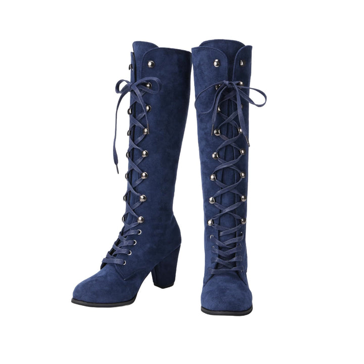 WorldNorse Damen-Stiefel mit klobigem Absatz und Schnürung, wadenlang - image 5
