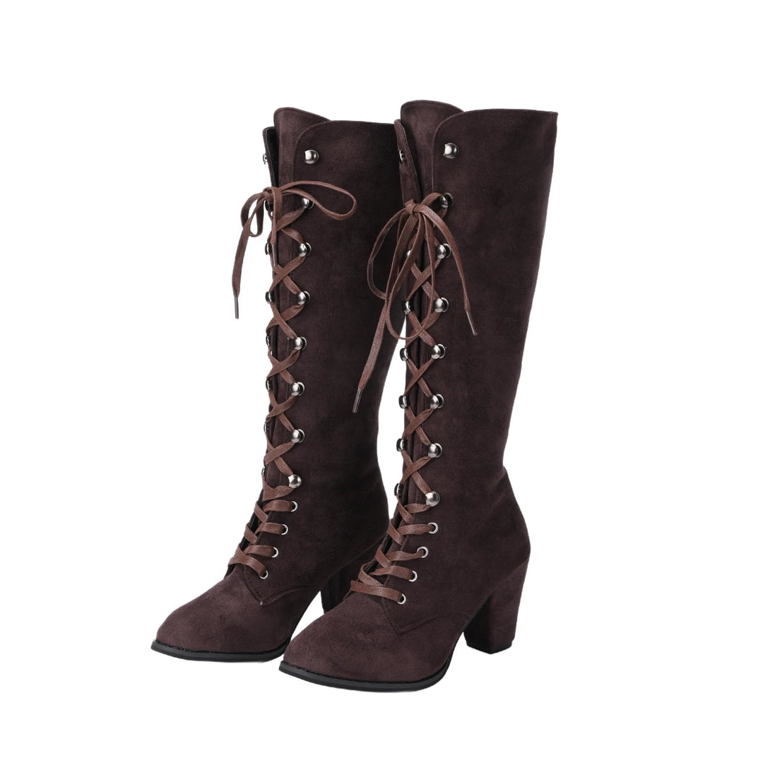 WorldNorse Damen-Stiefel mit klobigem Absatz und Schnürung, wadenlang - Braun - 43 - image 9