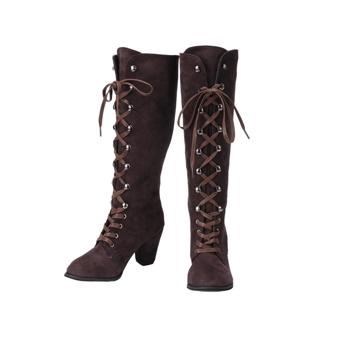 WorldNorse Damen-Stiefel mit klobigem Absatz und Schnürung, wadenlang - image 10