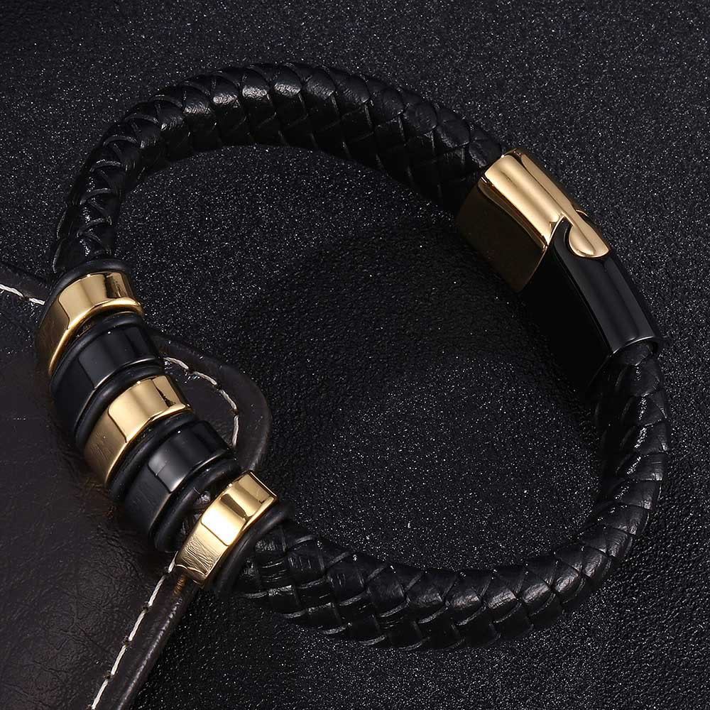 WorldNorse Schwarzes geflochtenes Lederarmband - Schwarz & Gold - 23,5 cm - image 1