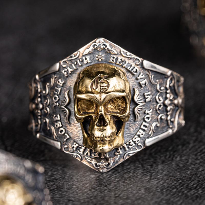 WorldNorse Ring aus handgefertigtem 925er Silber mit gotischem Totenkopf und Gravur - US 11-US 12 - NEIN DANKE - image 0