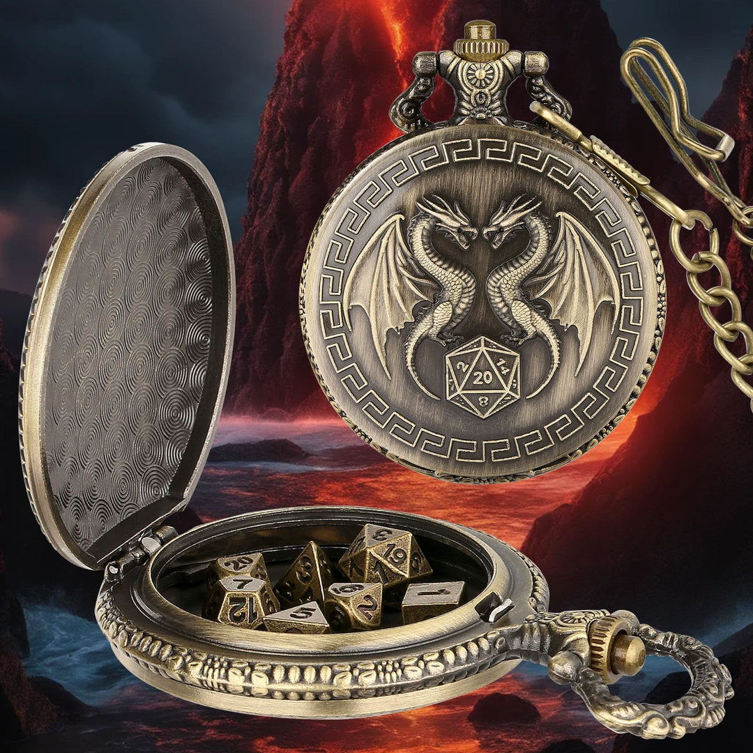 WorldNorse Doppeldrache Polyedrische Würfel Taillenkette - Taschenuhrgehäuse + Kette + Würfel - Gold - image 1