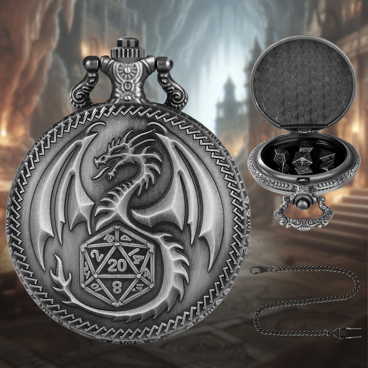 WorldNorse Steampunk-Hüftkette mit Drachen-Polyeder-Würfeln - Taschenuhrgehäuse + Kette + Würfel - Silber - image 7