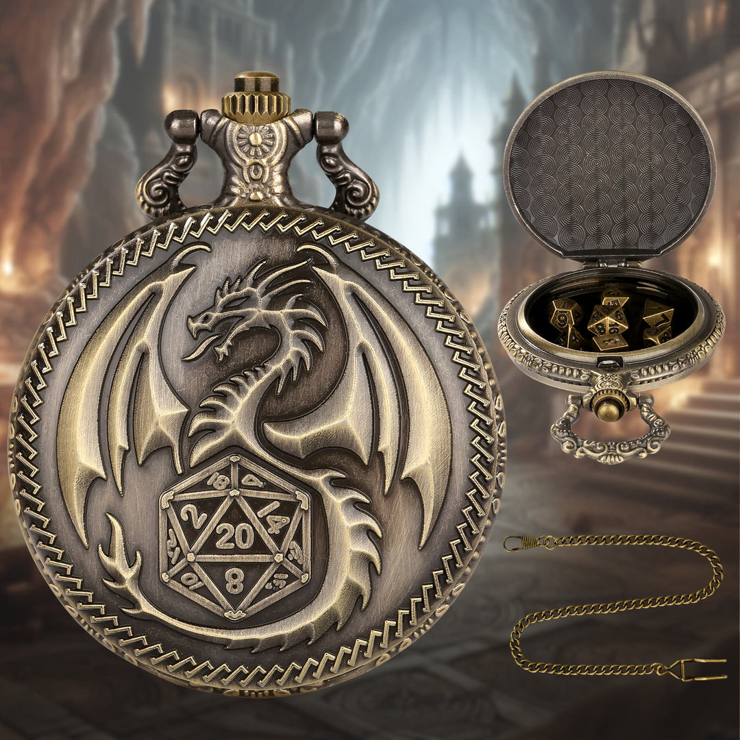 WorldNorse Steampunk-Hüftkette mit Drachen-Polyeder-Würfeln - Taschenuhrgehäuse + Kette + Würfel - Gold - image 1