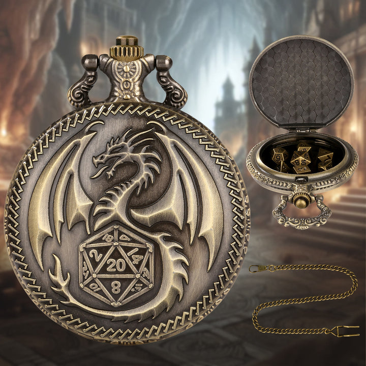 WorldNorse Steampunk-Hüftkette mit Drachen-Polyeder-Würfeln - Taschenuhrgehäuse + Kette + Würfel - Gold - image 1