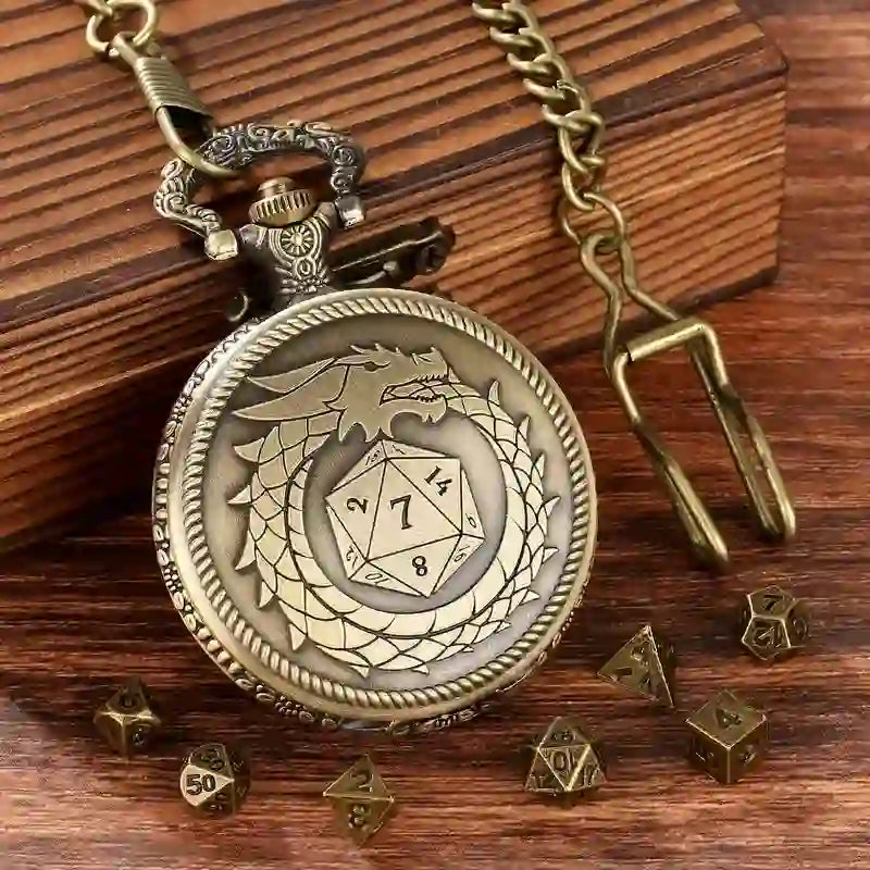 WorldNorse Bronze Drachen Mini Würfel Taille Kette - Taschenuhrgehäuse + Kette + Würfel - Gold - image 1