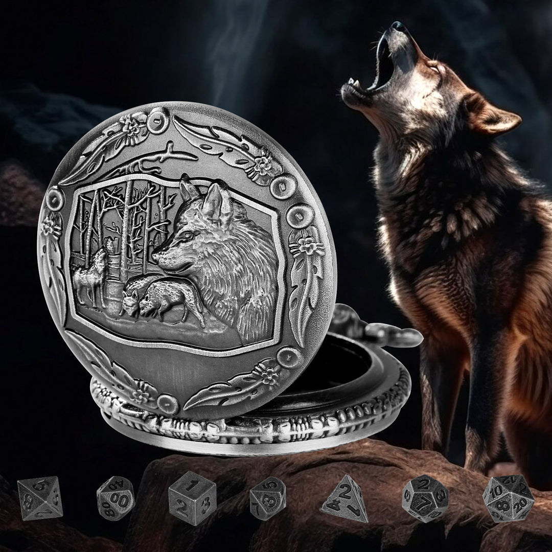 WorldNorse Geprägtes Wölfe-Würfeletui-Set, Taillenkette - Taschenuhrgehäuse + Kette + Würfel - Silber - image 6