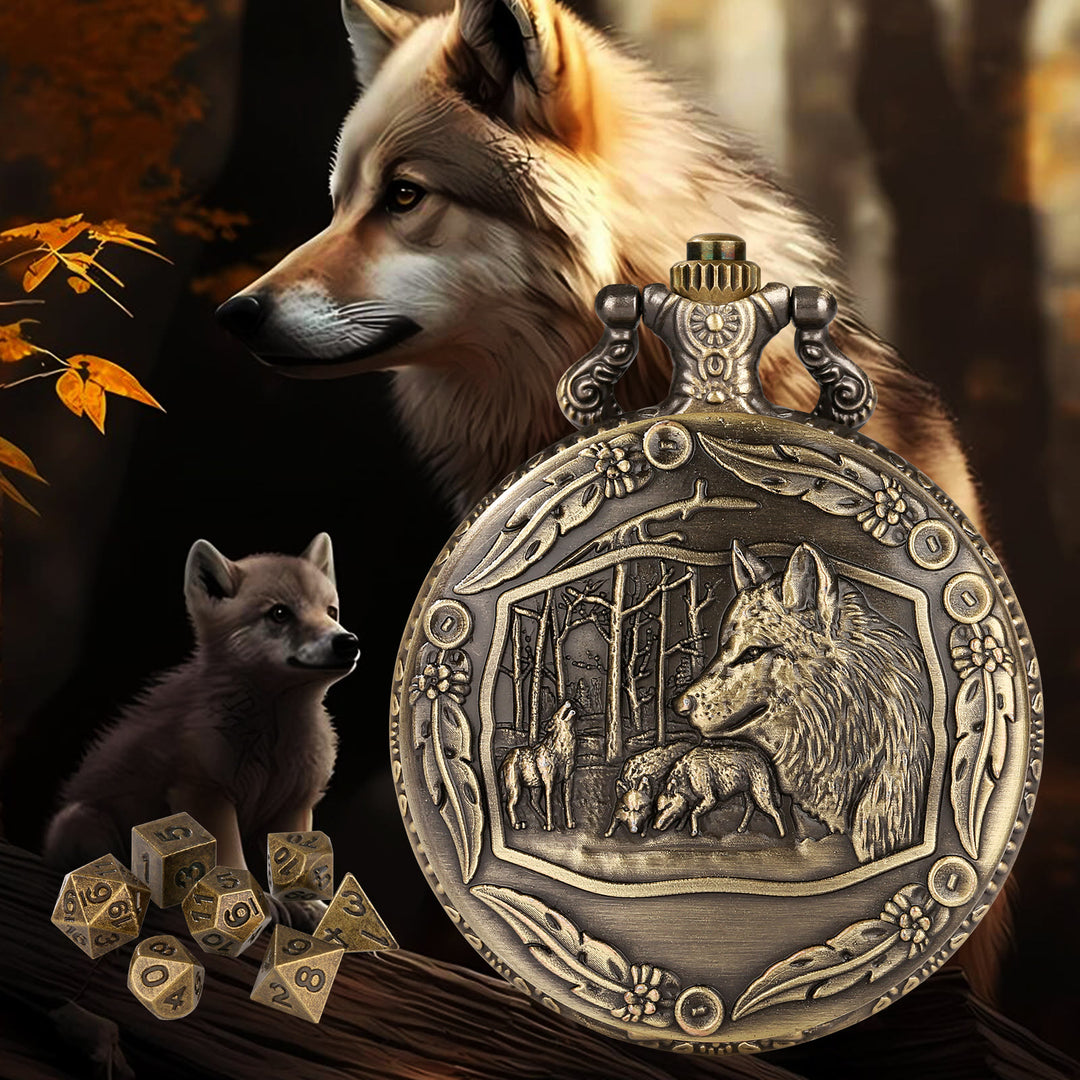 WorldNorse Geprägtes Wölfe-Würfeletui-Set, Taillenkette - Taschenuhrgehäuse + Kette + Würfel - Gold - image 1