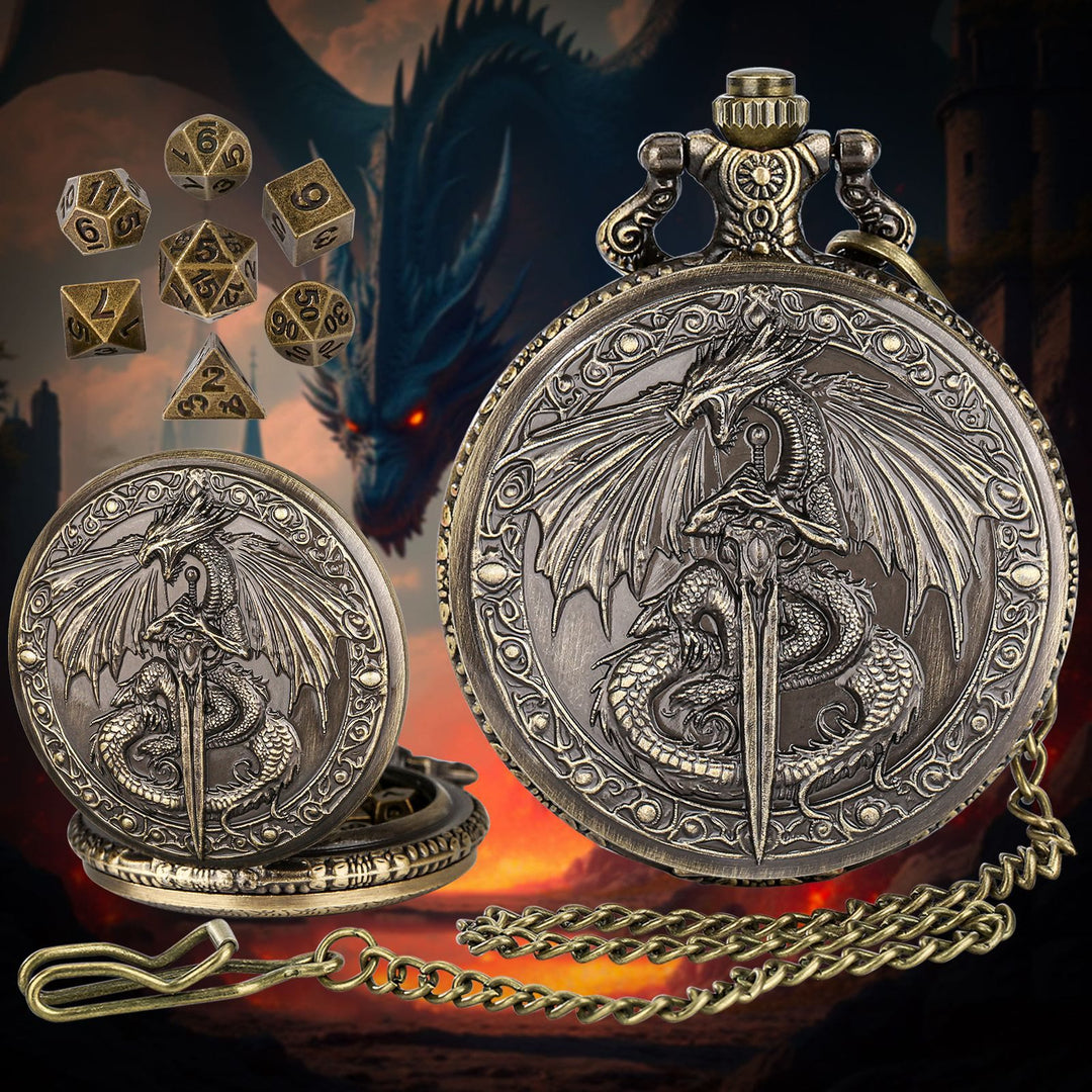 WorldNorse Schwert Drachenetui Würfel Taillenkette - Taschenuhrgehäuse + Kette + Würfel - Gold - image 1