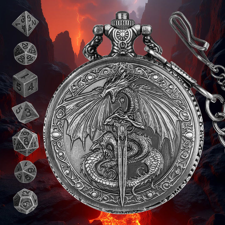 WorldNorse Schwert Drachenetui Würfel Taillenkette - Taschenuhrgehäuse + Kette + Würfel - Silber - image 7