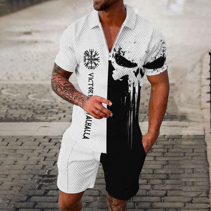 WorldNorse Vegvisir Victory Or Valhalla Skull Poloshirt und Shorts , Kombiteil
