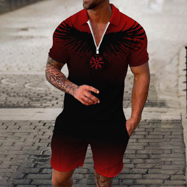 WorldNorse Vegvisir Raven Bleeding Poloshirt und Shorts , Kombi-Set