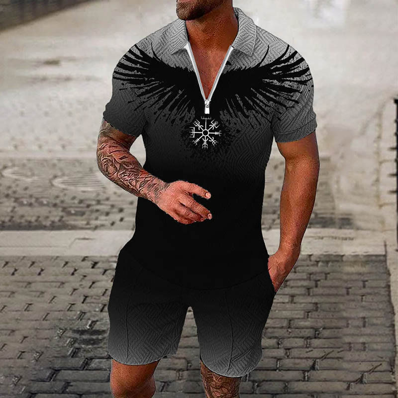 WorldNorse Vegvisir Raven Bleeding Poloshirt und Shorts , Kombi-Set - Grau - US/UK/AU52，EU62 (6XL) - image 1
