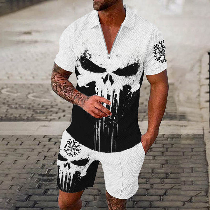 WorldNorse Vegvisir Skull Poloshirt und Shorts , Kombi-Set