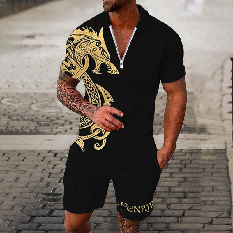 WorldNorse Fenrir Celtic Wolf Poloshirt und Shorts , Kombi-Set - Gold - US/UK/AU52，EU62 (6XL) - image 0