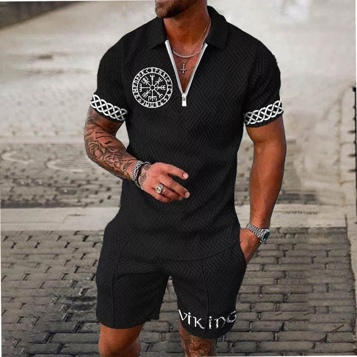 WorldNorse – Set aus Poloshirt und Shorts mit Keltischer Knoten und Vegvisir