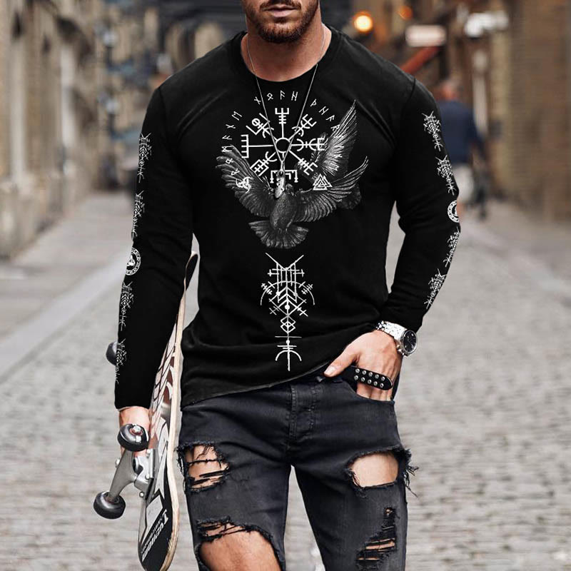 WorldNorse Nordischer Wikinger Raven Vegvisir Langes T-Shirt - US/UK/AU50, EU60 (5XL) - image 0